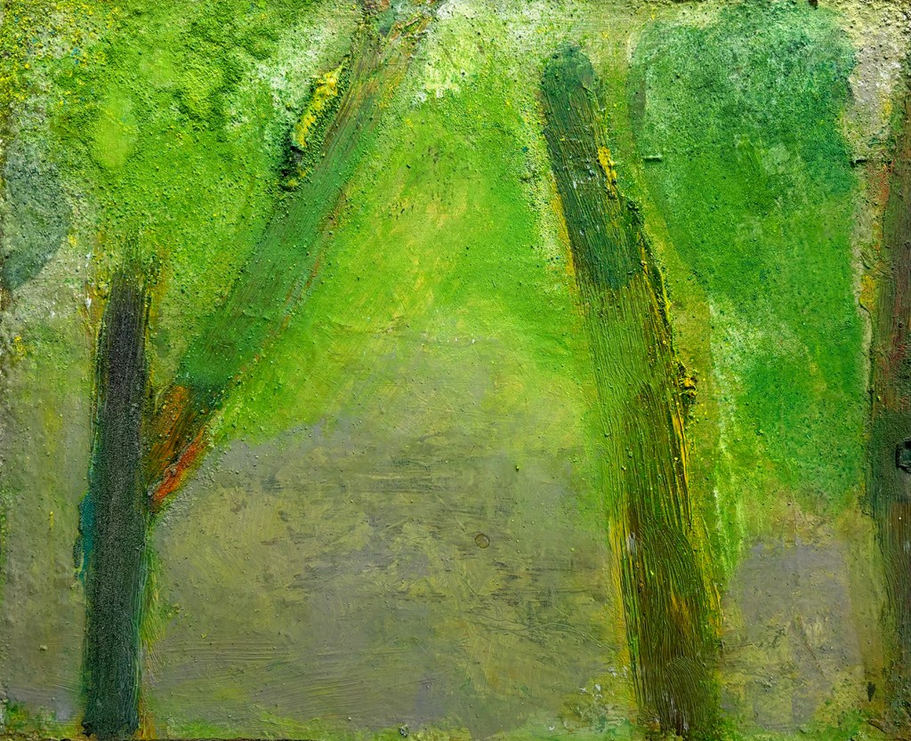 Abstract painting with bright green and 3 vertical brushstrokes for tree trunks.