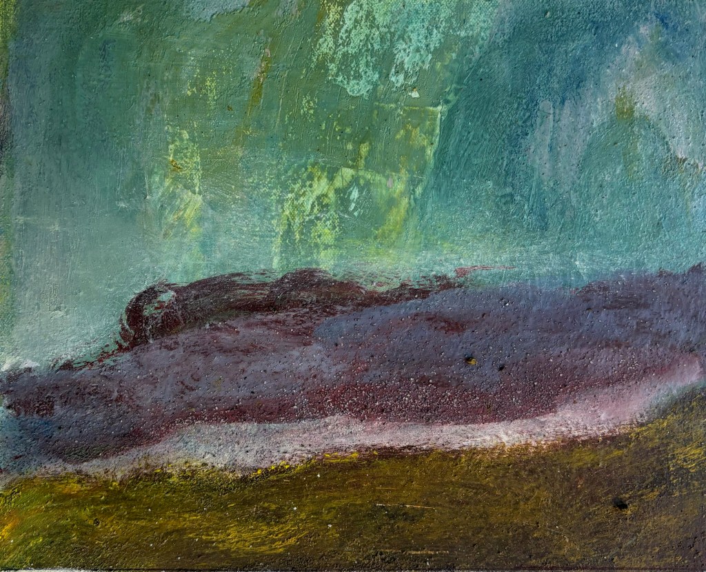 A purple overlook perhaps by a rushing brown river. The background could be sky or a very large waterfall. But wouldn’t there be more mist?